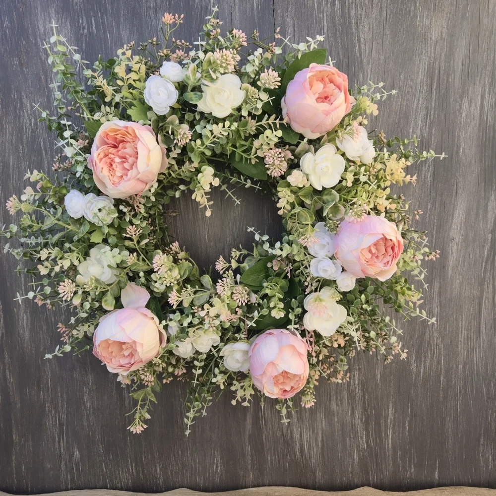 Handmade Cottage Style Elegant Pink and White Floral Wreath